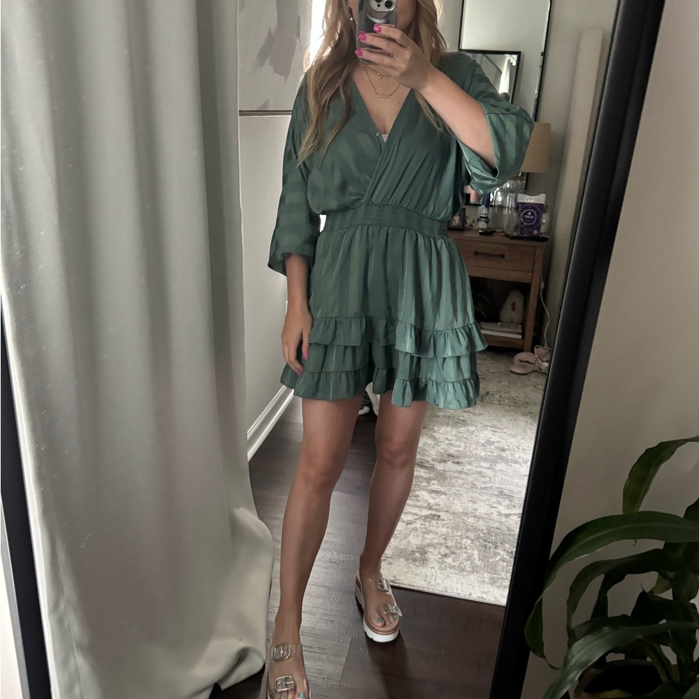 Elegant Green Stripe Ruffle Summer Spring Dress - Picture 3 of 13